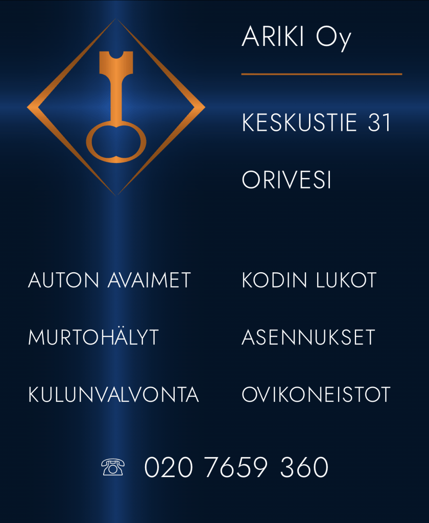 Ariki Oy; Keskustie 31, Orivesi: Auton avaimet, Kodin lukot, Murtohälyt, Asennukset, Kulunvalvonta, Ovikoneistot - Puh 020-7659360